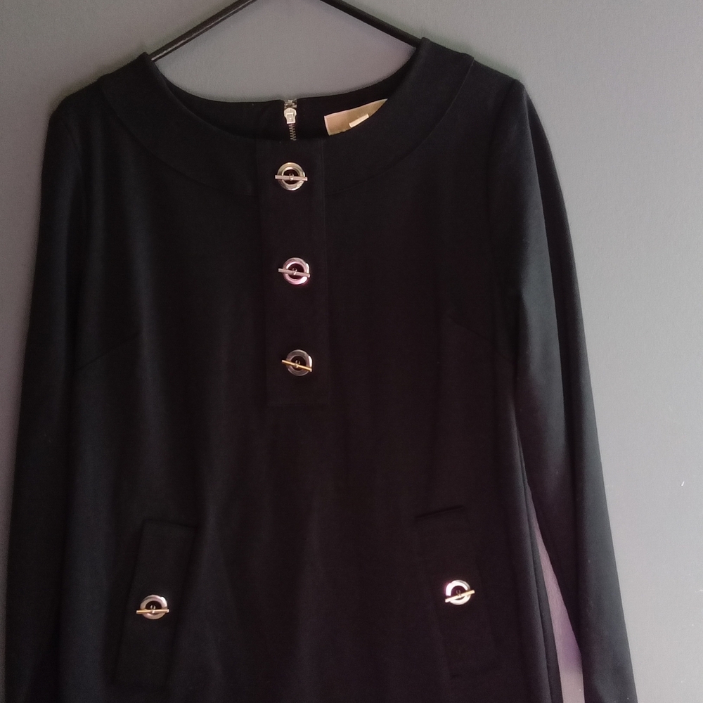 MICHAEL KORS Black Long Sleeve Button Detail Shift Dress Size M